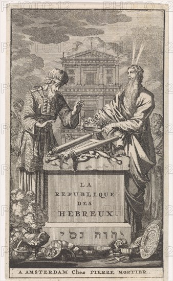 Moses and Aaron standing behind an altar, print maker: Jan Luyken, Pieter Mortier, 1705