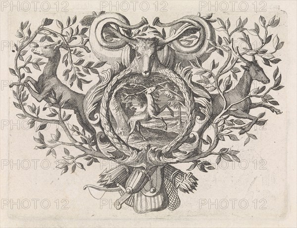 Deer under a tree struck by lightning, Caspar Luyken, Jacob Lindenberg, 1705