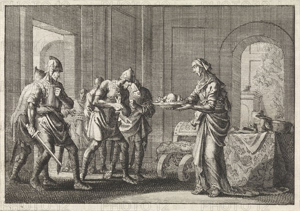 Mother shows warriors the remains of her child, eaten during the famine in Jerusalem, Jan Luyken, Pieter Mortier, 1704