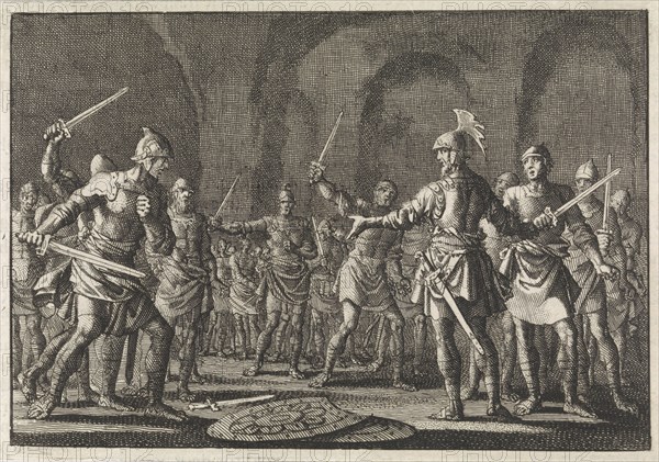 Josephus after conquering Jotapata with 40 companions in a cave, Jan Luyken, Pieter Mortier, 1704