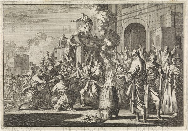 Battle between Jews and Greeks in front of the synagogue in Caesarea, Israel, print maker: Jan Luyken, Pieter Mortier, 1704