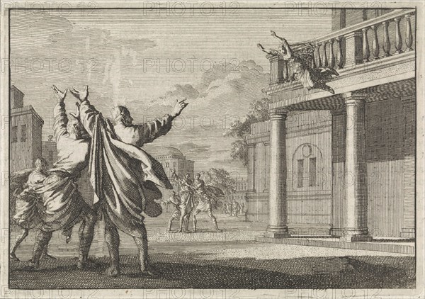 Widow of Pheroras trying to commit suicide by leaping down to the street, Jan Luyken, Pieter Mortier, 1704