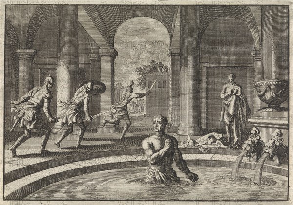 Armed enemies flee when they see Herod in bath after his victory over the army of Antigonus, Jan Luyken, Pieter Mortier, 1704