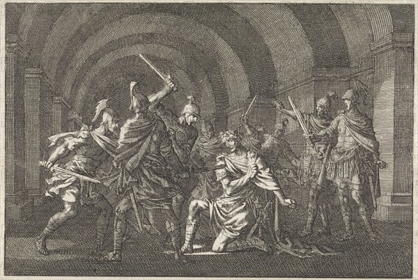 Emperor Caligula attacked in a vault by an armed gang and killed, Jan Luyken, Pieter Mortier, 1704