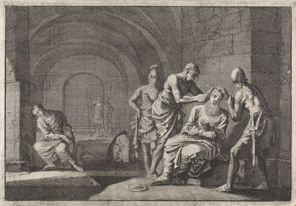 Hyrkanus' ears cut off in jail, Jan Luyken, Pieter Mortier, 1704