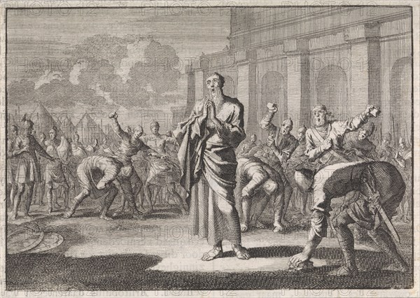 Onias stoned by Jews, Jan Luyken, Pieter Mortier, 1704
