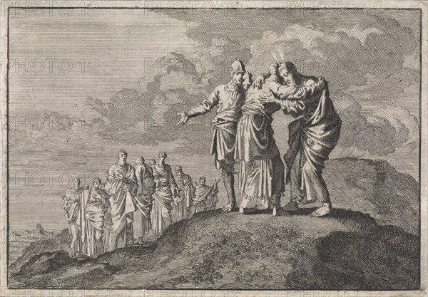 Moses says goodbye to Eleazar and Joshua, Jan Luyken, Pieter Mortier, 1704