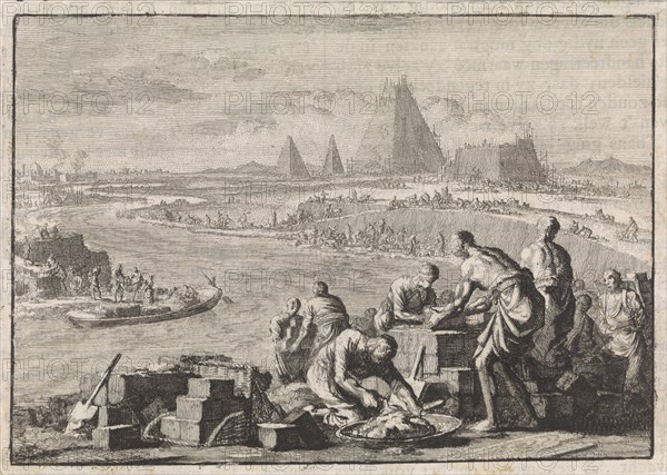 Suppression of the Israelites in Egypt, Jan Luyken, Pieter Mortier, 1704