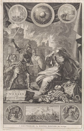 Chained woman in mourning attacked by warriors, Jan Luyken, Pieter Mortier, unknown, 1703