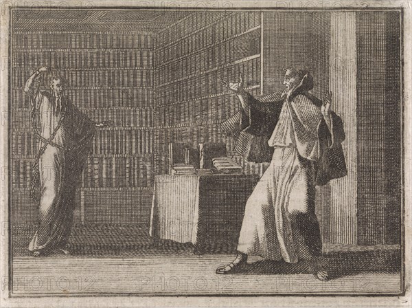 Monk gets scared in the library by a ghost, Caspar Luyken, Christoph Weigel, 1704