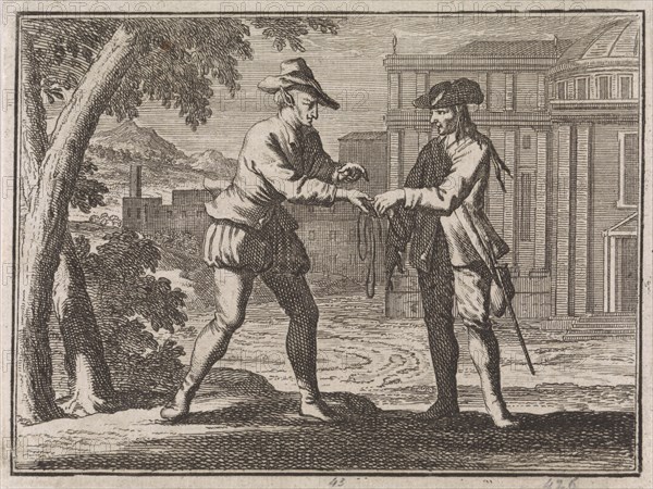 Devil handing a piece of string to a nobleman who has become poor, Caspar Luyken, Christoph Weigel, 1704