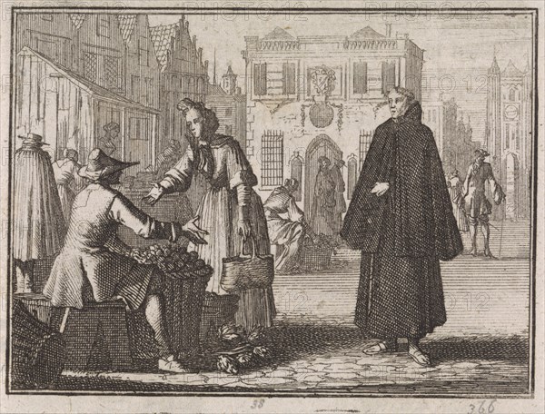 Francis a Jesu sells fruit on a market, Caspar Luyken, Christoph Weigel, 1704