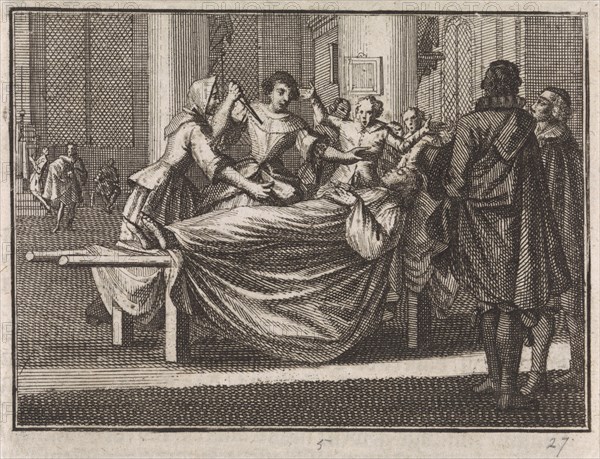 Mistress of a dead man stabs himself with a dagger, Caspar Luyken, Christoph Weigel, 1704