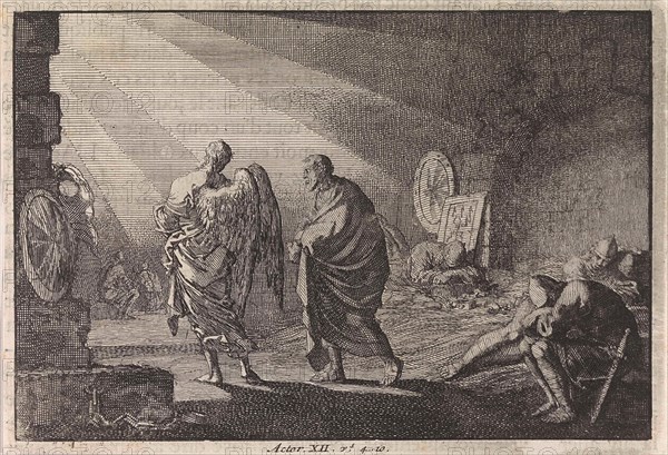 Peter liberated by the angel from prison, Jan Luyken, Pieter Mortier, 1703 - 1762