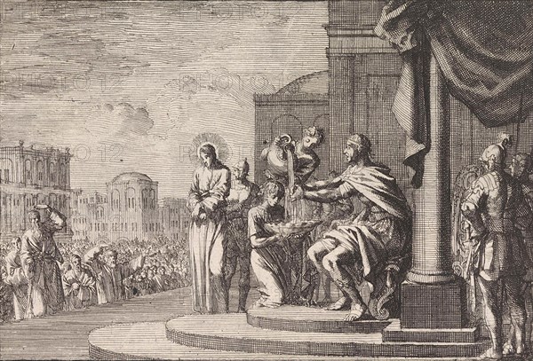 Pilate washes his hands in innocence, print maker: Jan Luyken, Pieter Mortier, 1703 - 1762