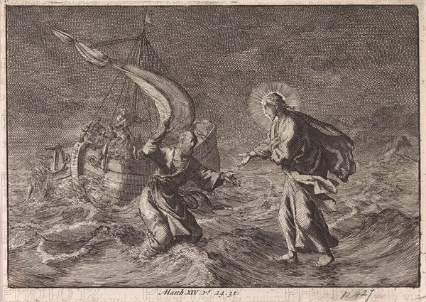 Christ walking on water during a storm on the Sea of Galilee, Jan Luyken, Pieter Mortier, 1703 - 1762