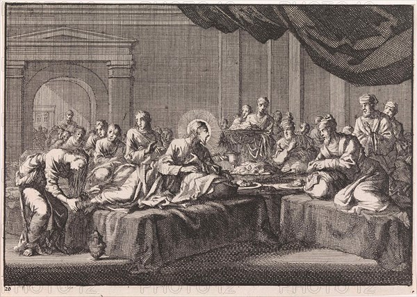 Mary Magdalene washes the feet of Christ, Jan Luyken, Pieter Mortier, 1703