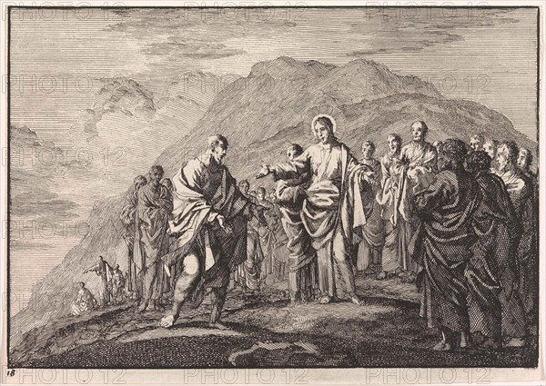 Christ talking to the Apostles, Jan Luyken, Pieter Mortier, 1703