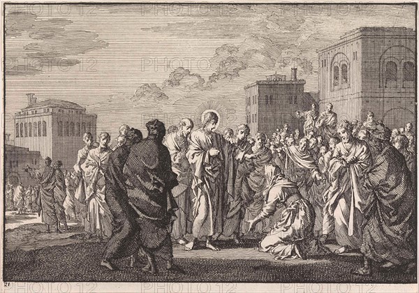 Healing of a woman suffering from hemorrhages, Jan Luyken, Pieter Mortier, 1703 - 1762