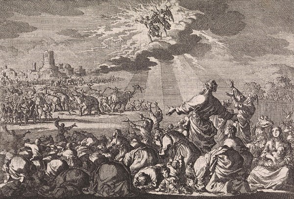 Two angels chase the elephants away Ptolemy Philopator, Jan Luyken, Pieter Mortier, 1703 - 1762