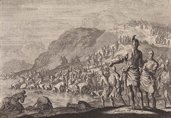 Gideon orders his men to drink water, Jan Luyken, Pieter Mortier, 1703 - 1762