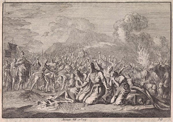 Stoning of Achan and his family, Jan Luyken, Pieter Mortier, 1703 - 1762