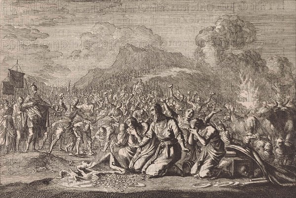Stoning of Achan and his family, Jan Luyken, Pieter Mortier, 1703 - 1762