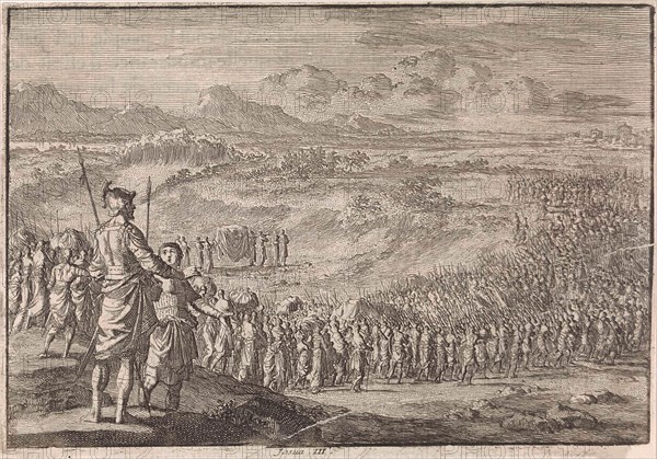 Israelites pass through the dry Jordan, Jan Luyken, Pieter Mortier, 1703 - 1762