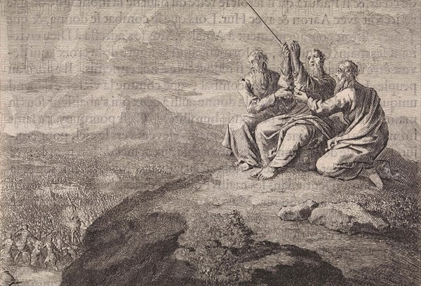 Aaron and Hur strut Moses' hands during the struggle of the people of Israel against the Amalekites, Jan Luyken, Pieter Mortier, 1703-1762