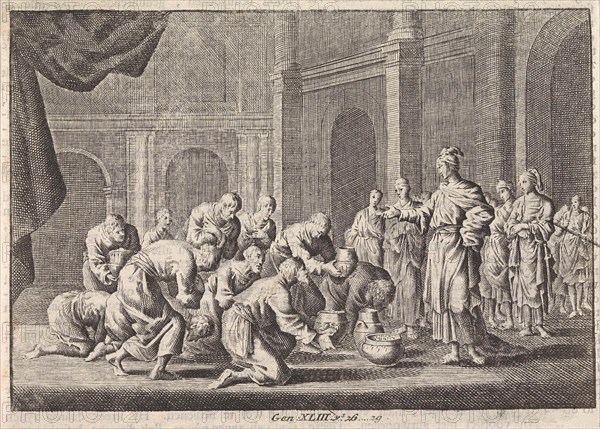 Joseph's brothers kneel before him, Jan Luyken, Pieter Mortier, 1703 - 1762