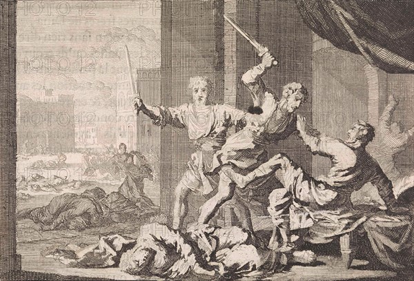 Simeon and Levi kill the Shechemites, Jan Luyken, Pieter Mortier, 1703 - 1762