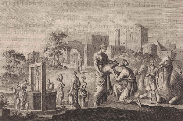 Rebecca and Eliezer at the Well, Jan Luyken, Pieter Mortier, 1703 - 1762