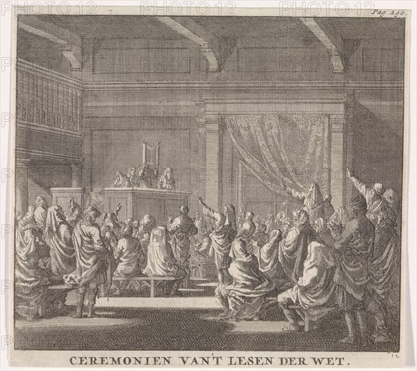 Synagogue where a rabbi reads, print maker: Jan Luyken, Daniel van den Dalen, Hendrik van Damme, 1702