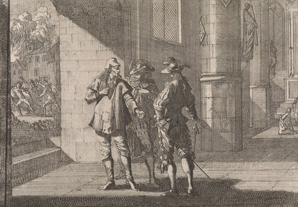 Masaniello talks with two noblemen in a church, 1647, print maker: Caspar Luyken attributed to, Johann David Zunnern, 1701