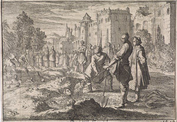 Safi, the Shah of Persia, buries forty of his harem women living in the palace garden as punishment for plotting against his life, 1642. Johann David Zunnern, 1701