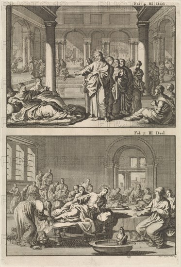 Christ and his disciples at the bathhouse of Siloam and Christ as the guest of Simon the Pharisee, Jan Luyken, Willem Broedelet, 1700
