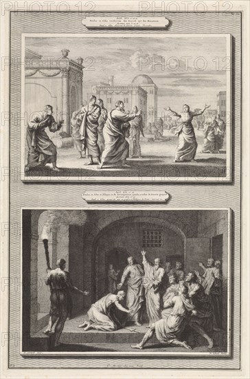 Paul healed a possessed woman and the conversion of the Philippian jailer, Jan Luyken, Hendrik Elandt, Bernard Picart, 1700
