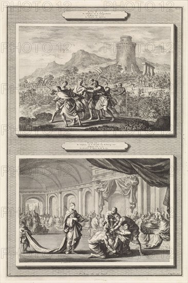 Parable of the tenants of the vineyard and the parable of the royal wedding, Jan Luyken, Pieter Mortier, Anonymous, 1700