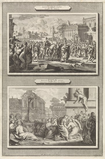 Mordecai is honored in Babylon and the execution of Haman, print maker: Jan Luyken, print maker: Jacob de Later, Bernard Picart, 1700