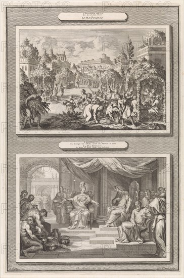Feast of Tabernacles and Solomon and the Queen of Sheba, Jan Luyken, Hendrik Elandt, Pieter Mortier, 1700