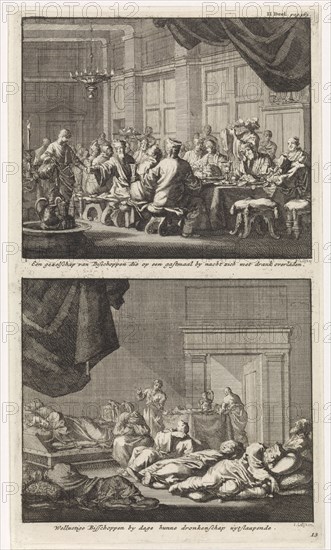 Bishops at a table and drunken bishops asleep in a room, Jan Luyken, Jacobus van Hardenberg, Barent Visscher, 1701