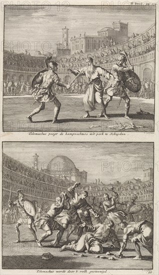 Holy Telemachus of Rome interrupts a gladiatorial combat, and the stoning of Saint Telemachus, Jan Luyken, Jacobus van Hardenberg, Barent Visscher, 1701
