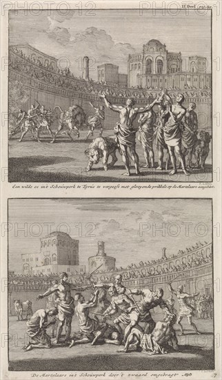 Early Christian martyrs in a Roman arena and Early Christian martyrs who are being slaughtered in an arena, Jan Luyken, Jacobus van Hardenberg, Barent Visscher, 1701
