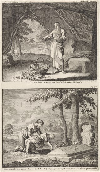 Resurrection of a dead child and a woman bringing her dead child to the tomb of Saint Stephen, print maker: Jan Luyken, Jacobus van Hardenberg, Barent Visscher, 1701