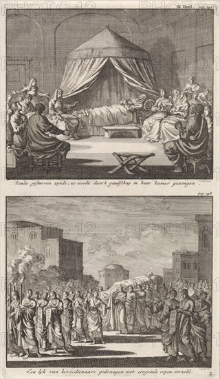 Holy Paula on her deathbed and the holy Paula who is carried to her grave, print maker: Jan Luyken, Jacobus van Hardenberg, Barent Visscher, 1701