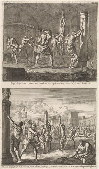 Christians are flogged in a cell and Christians are flogged in public, Jan Luyken, Jacobus van Hardenberg, Barent Visscher, 1700