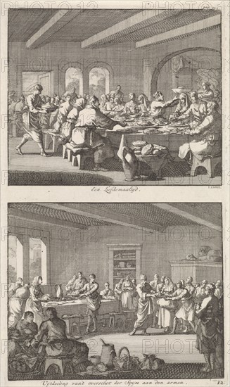 Shared meal among Christians and distributing food to the poor, Jan Luyken, Jacobus van Hardenberg, Jacobus van Nieuweveen, 1700