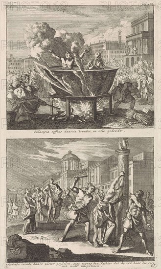 Holy Eulampia and her brother are boiled alive in oil and the Martyrdom of Saint Rufina Rome, Jan Luyken, Barent Visscher, Jacobus van Hardenberg, 1700