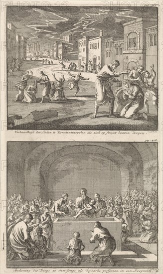 Residents of Constantinople to be baptized in the street and the baptism of elderly and young people in the church, Jan Luyken, Barent Visscher, Jacobus van Hardenberg, 1700