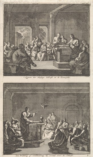 Early Christian community listening to a reading from the Bible and Early Christian community listens to a sermon, Jan Luyken, Barent Visscher, Jacobus van Hardenberg, 1700